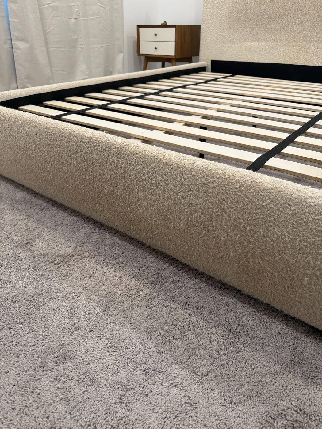 Queen bouclé bed frame cleaning project in Decatur — upholstered footboard