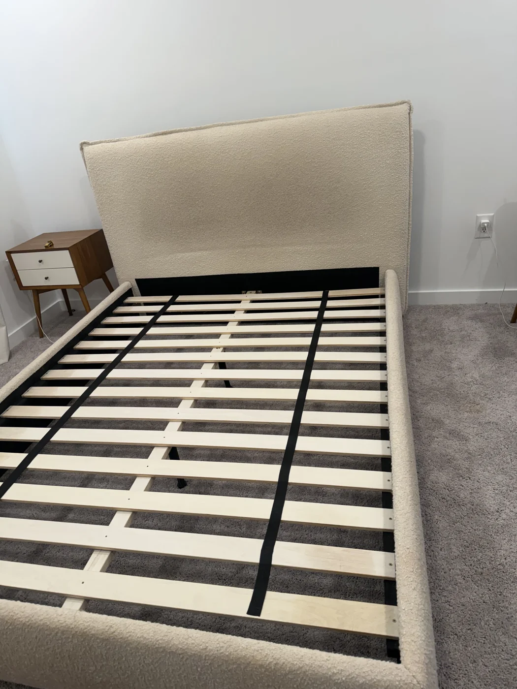 Queen bouclé bed frame cleaning project in Decatur — full bed frame